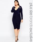 Club L Plus Ruched Front Slinky Dress - Navy