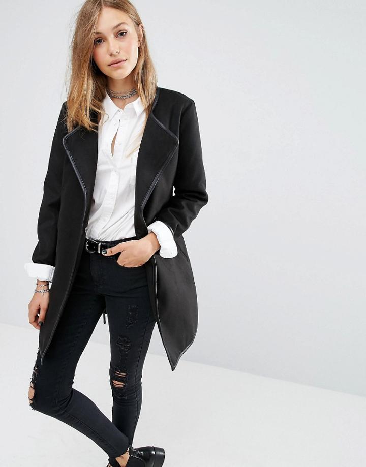 J.d.y Wrap Coat With Leather Look Trim - Black
