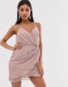 Asos Design Metallic Mini Wrap Dress With Stud Detail - Pink
