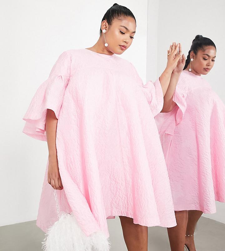 Asos Edition Curve Trapeze Mini Dress In Texture In Candy Pink