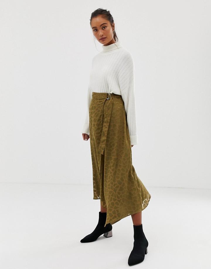Asos Design Wrap Midi Skirt With D-ring In Burnout Satin-multi