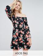 Asos Tall Shirred Bardot Mini Dress With Trumpet Sleeve In Floral Print - Multi