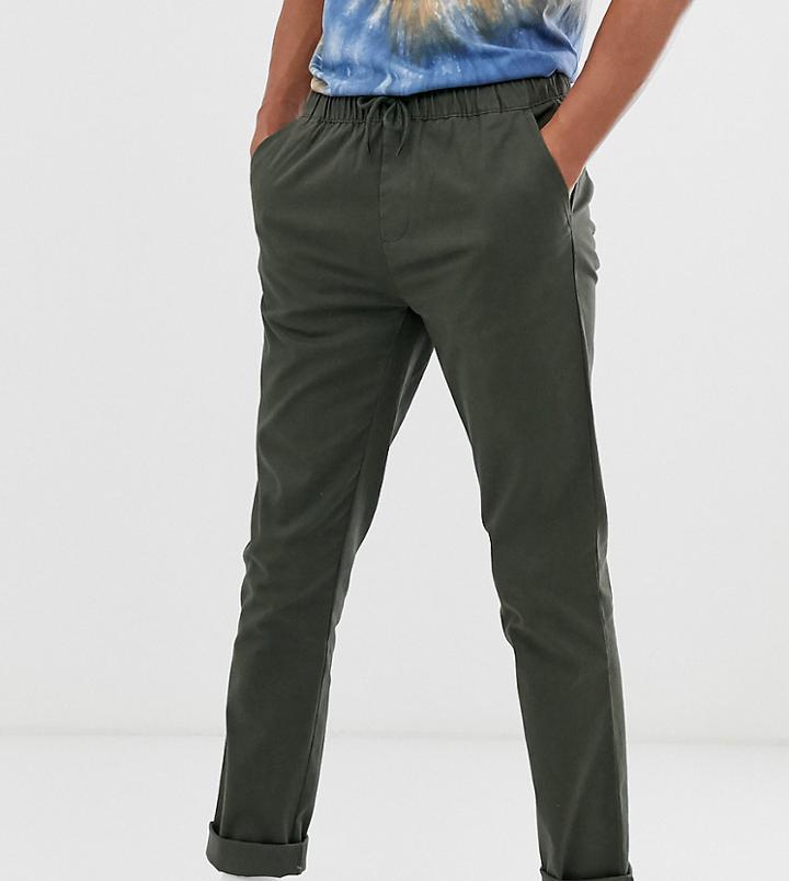 Asos Design Tall Slim Chinos With Elastic Waist In Dark Khaki-green