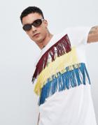 Asos Design Festival Longline T-shirt With Multicoloured Front Fringing In White - White