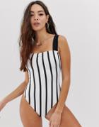 Asos Design Recycled Square Neck Swimsuit In Mono Stripe Print - Multi