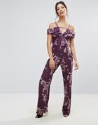Hope & Ivy Off The Shoulder Floral Jumpsuit - Purple