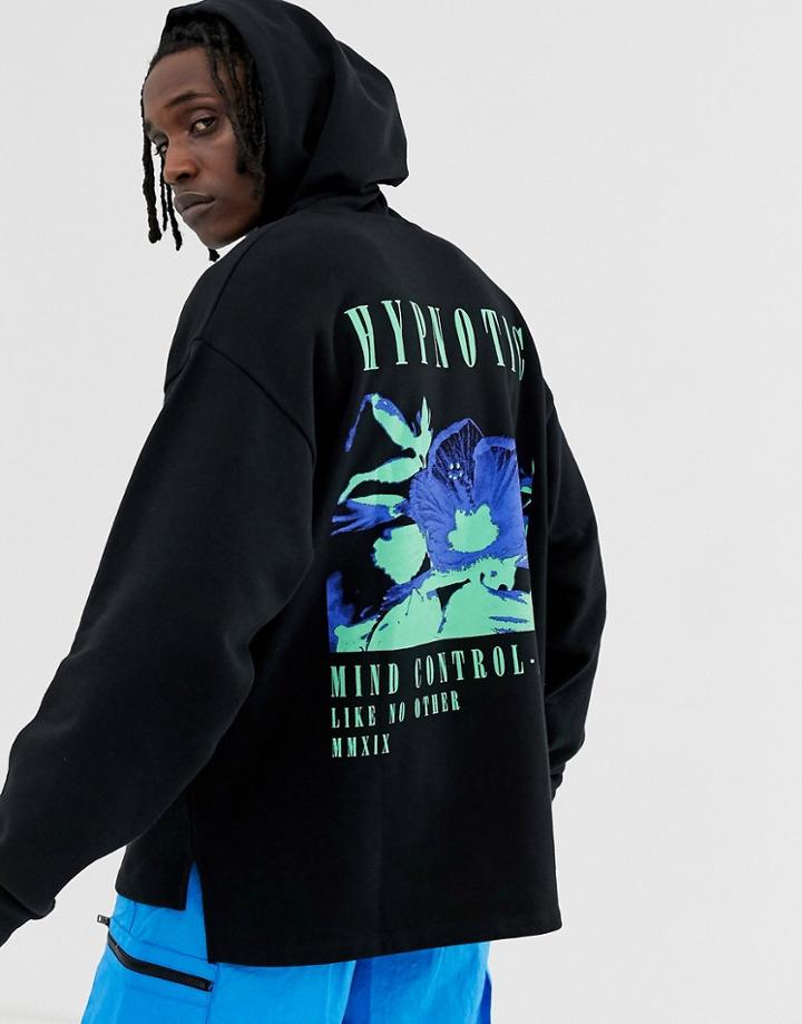 Asos Design Oversized Hoodie With Back Print & Split Hem In Black - Yellow