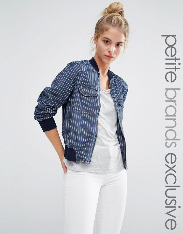 Noisy May Petite Denim Pin Stripe Bomber Jacket - Blue