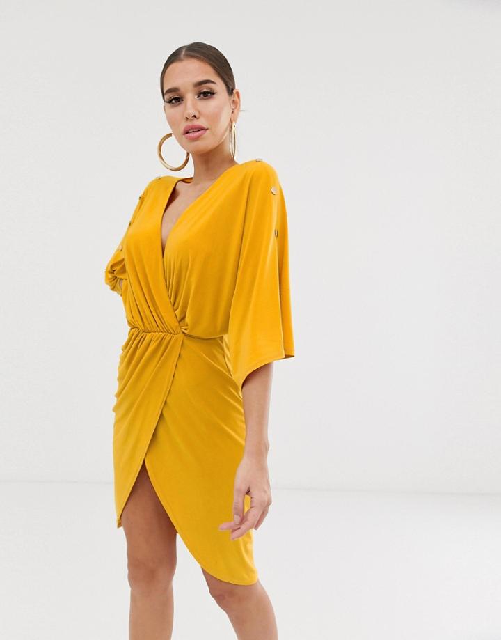 Koco & K Plunge Front Pencil Dress With Gold Button Detail In Mustard - Yellow