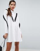 Asos Trapeze Shirt Dress With Contrast Ruffle Trim - White