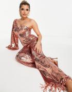 Asos Luxe Sequin Jumpsuit With Extreme Sleeve And Fringe Hem In Rose Gold