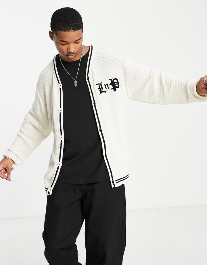Liquor N Poker Knit Cardigan In Off-white With Varsity Logo