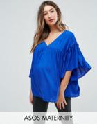 Asos Maternity Smock Top With Ruffle Sleeve - Blue