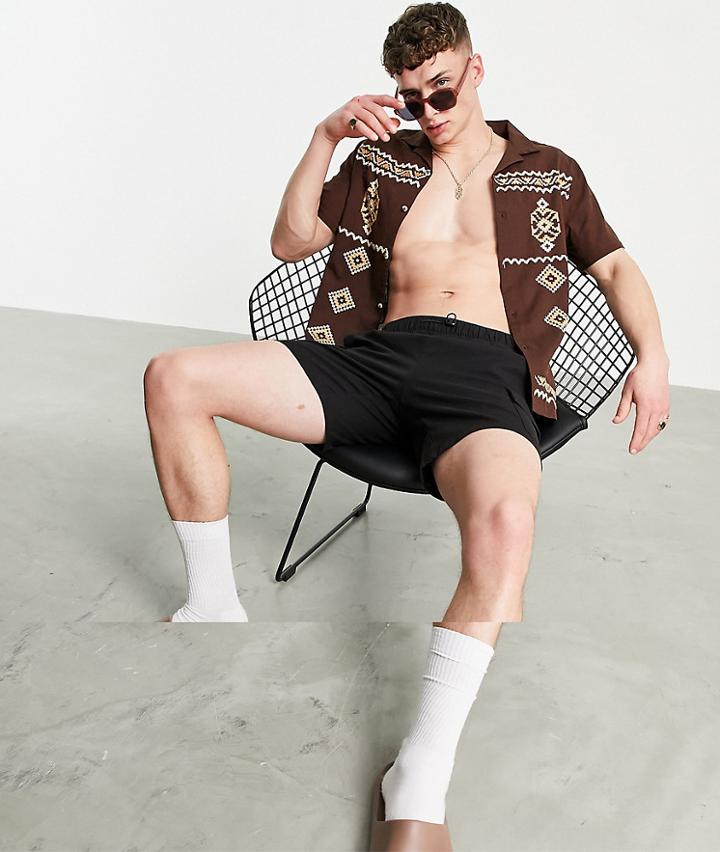 Asos Design Cotton Regular Revere Shirt In Brown With Embroidery Detail