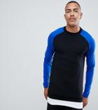 Asos Design Tall Muscle Fit Sweatshirt With Raglan Sleeves And Hem Extender - Black