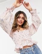 Asos Design Button Up Top With Pleated Sleeve In Pink Floral Print-multi