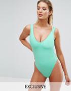 Asos Fuller Bust Exclusive Plunge Side High Leg Swimsuit Dd-g - Green