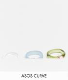 Asos Design Curve Pack Of 3 Rings In Mixed Plastic With Colored Crystal Stones-multi