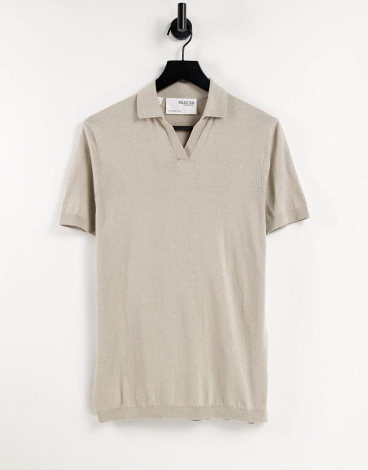 Selected Homme Knit Polo With Revere Collar In Beige-neutral