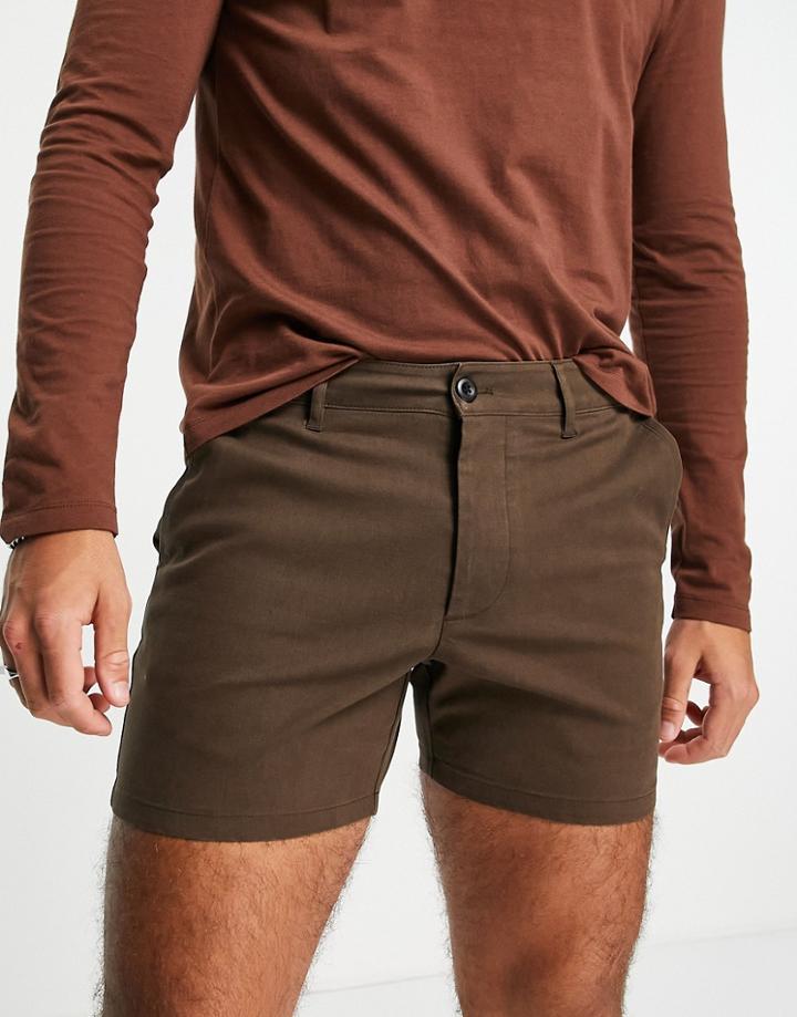 Asos Design Skinny Chino Shorter Shorts In Dark Brown