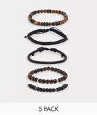 Asos Design Festival 5 Pack Beaded Bracelet Set In Mixed Brown And Black Beads
