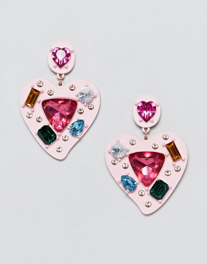 Asos Design Earrings In Heart Shape With Multicolor Jewels In Pink - Pink