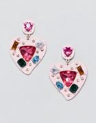 Asos Design Earrings In Heart Shape With Multicolor Jewels In Pink - Pink