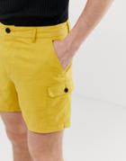 Asos Design Slim Shorter Cargo Shorts In Rich Yellow Cross Hatch - Yellow