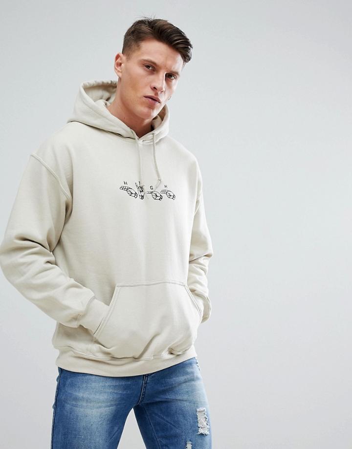 New Love Club Hand Signs Embroidered Hoodie - Beige