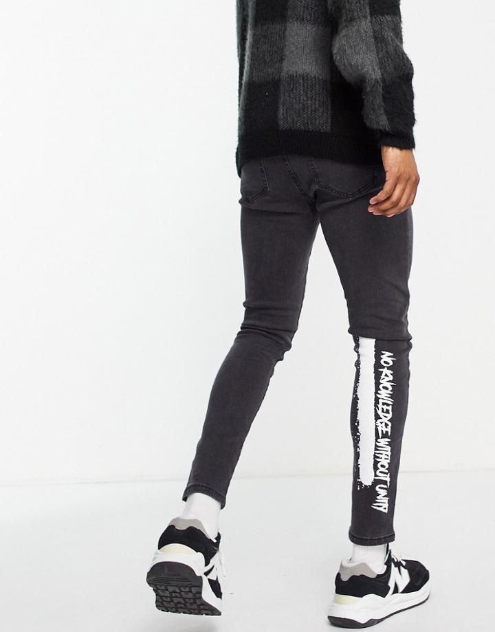 Liquor N Poker Slim Fit Jeans In Black With Graphic Placement Patchworking