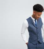 Asos Tall Slim Suit Vest In 100% Wool Harris Tweed In Blue Mini Check - Blue