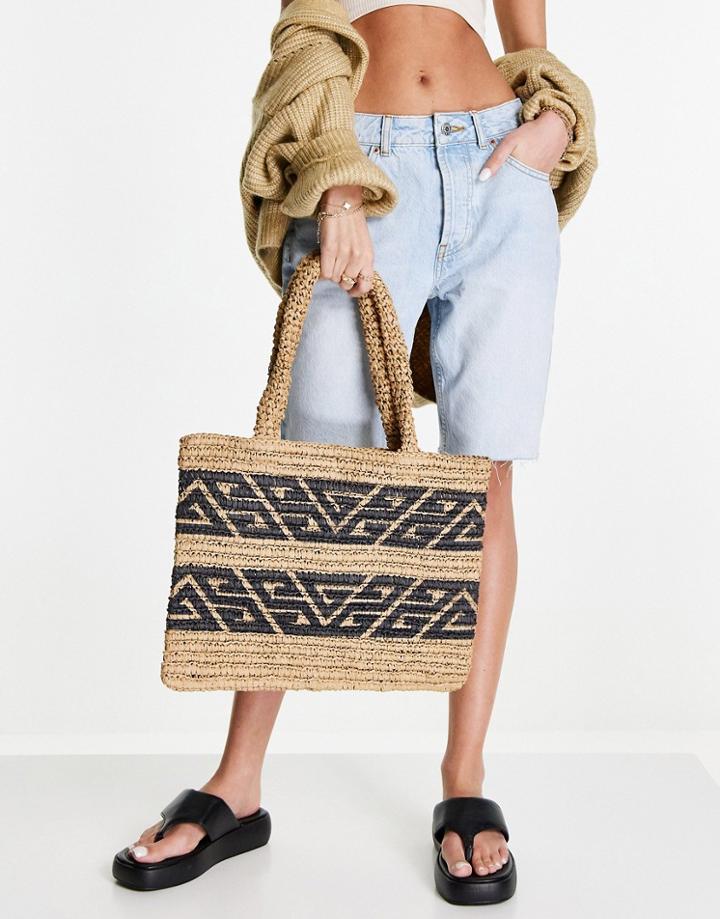 Asos Design Tote With Monogram Detail In Natural Paper Straw-neutral