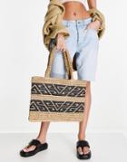 Asos Design Tote With Monogram Detail In Natural Paper Straw-neutral