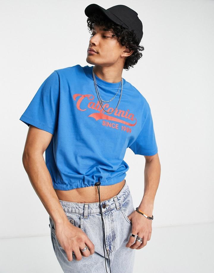 Asos Design Relaxed Crop T-shirt In Blue With California Collegiate Print