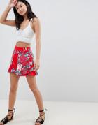Boohoo Floral Ruffle Hem Shorts - Red
