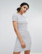 Daisy Street Bodycon T-shirt Dress In Fine Stripe - White