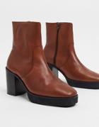 Asos Design Heeled Chelsea Boots In Brown Leather On Platform Sole