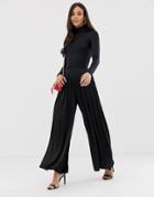 The Girlcode High Waisted Chiffon Pleated Wide Leg Pants In Black - Black