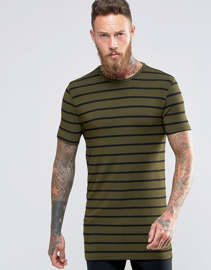 Asos Longline Muscle T-shirt In Stripe With Crew Neck In Green - Green