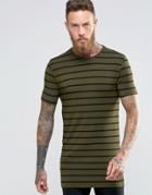 Asos Longline Muscle T-shirt In Stripe With Crew Neck In Green - Green