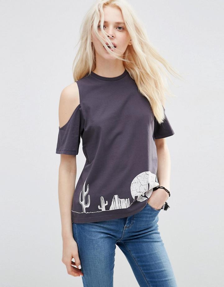Asos T-shirt With Cold Shoulder And Desert Print - Charcoal