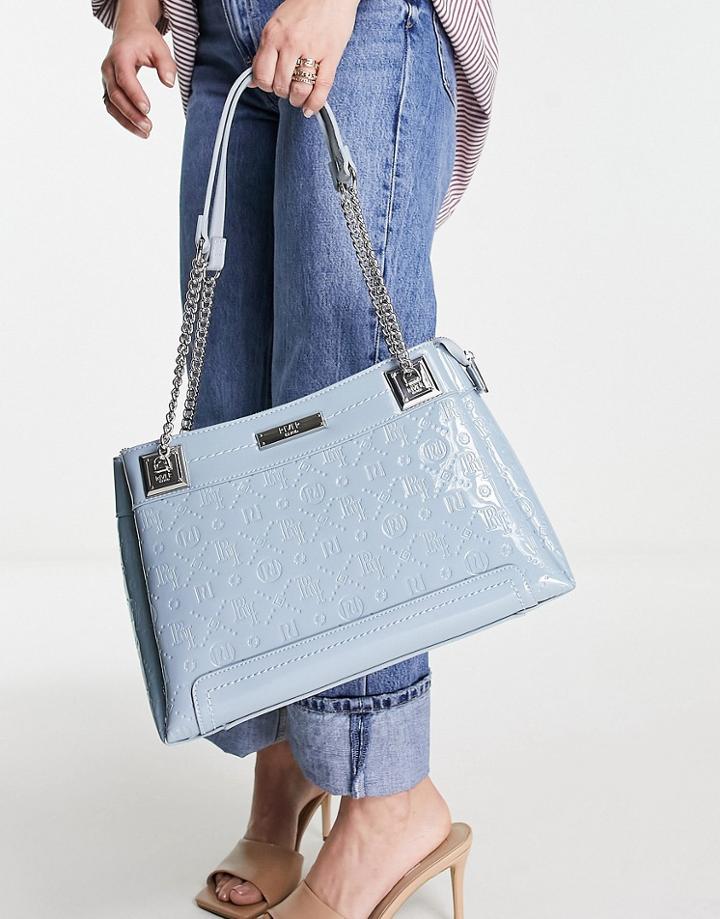 River Island Patent Monogram Tote Bag In Light Blue