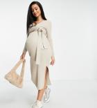 Asos Design Maternity Knitted Midi Dress With Wrap Front In Oatmeal-neutral
