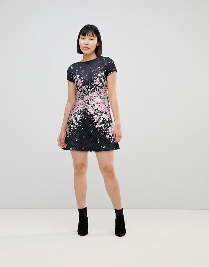 Lipsy Textured Midi Skater Dress With Floral Placement Trim-multi