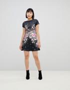 Lipsy Textured Midi Skater Dress With Floral Placement Trim-multi