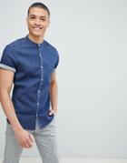 Asos Design Stretch Slim Denim Shirt With Grandad Collar In Rinse Wash - Navy