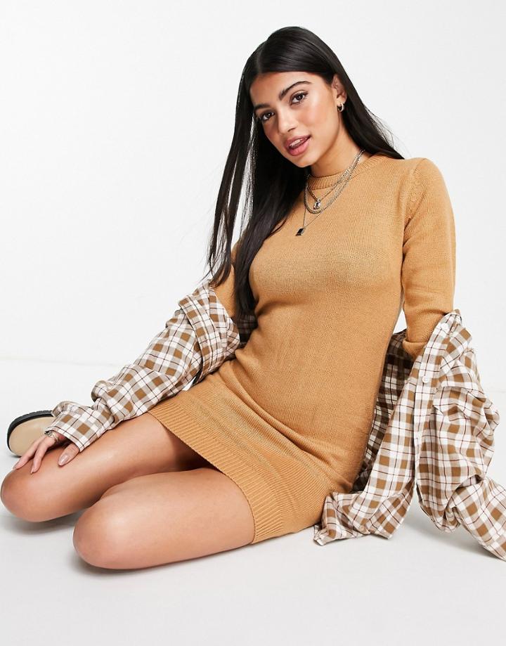 Brave Soul Grunge Crew Neck Sweater Dress-brown