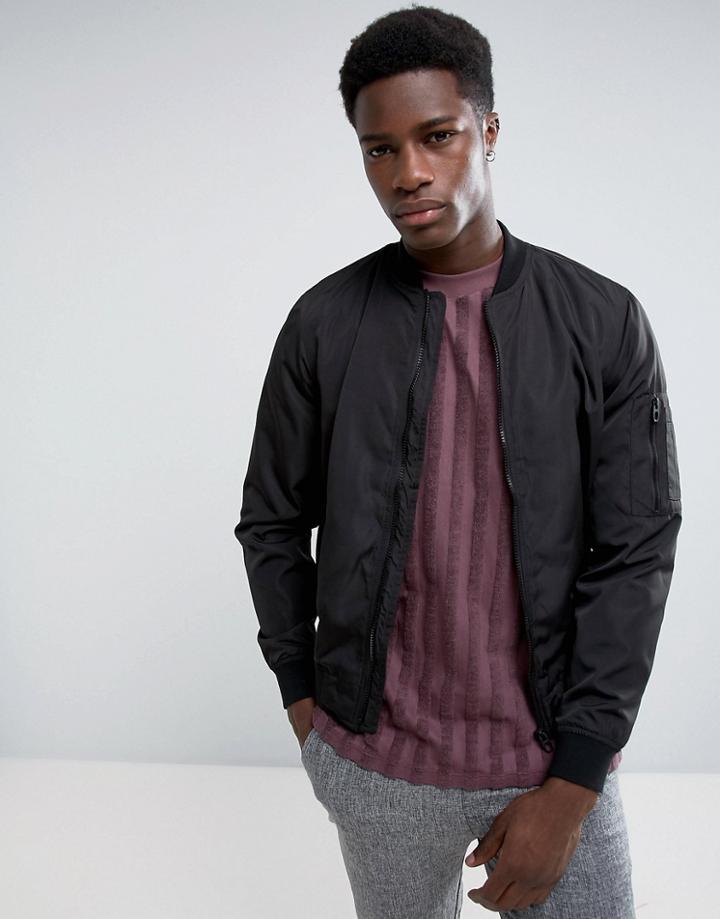 Bershka Lightweight Bomber In Black - Black