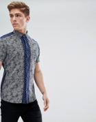 Solid Short Sleeve Shirt In Contrast Ditsy Print - Navy