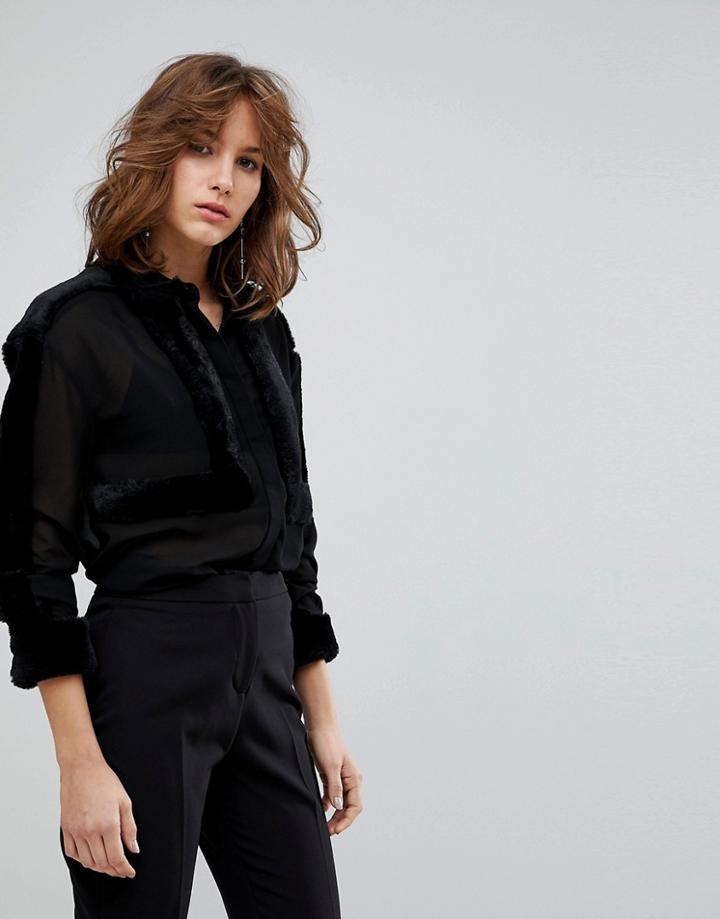 Lost Ink Blouse In Sheer Fabric With Faux Fur Trim - Black
